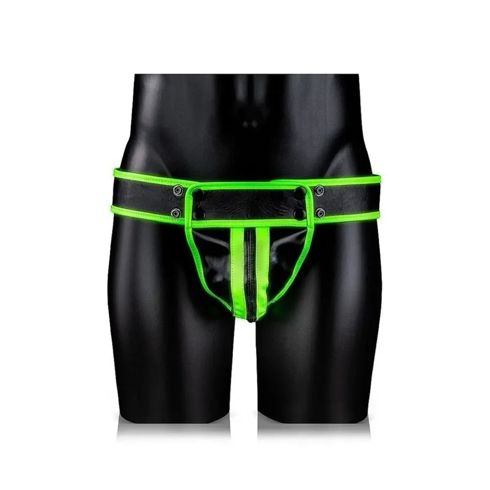 🦋B2G1🦋OUCH! Glow in the Dark NEON GREEN Bonded Leather Striped JOCK STRAP | L/XL